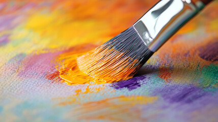 Obraz premium A beautifully lit close-up of a watercolor painting in progress, with an artist’s brush gently applying vibrant orange, yellow, purple, and green strokes to thick white paper (1)