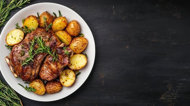 Vintagestyle Easter dinner table with slowroasted lamb and golden potatoes on a dark wood banner with customizable text space