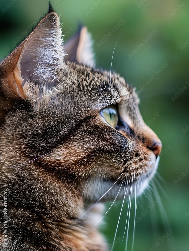 Poster close up profile of a tabby cat showcasing its striking green eyes against a blurred green backgroun