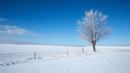 Fototapeta premium Stunning winter landscape with a lone frosted tree against a clear blue sky and endless white snow : Generative AI