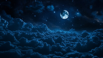 Fototapeta premium A breathtaking view of a deep midnight sky, rich in dark blue and black hues. Stars sparkle brightly, while fluffy cumulus clouds reflect the soft glow of the moon (1)