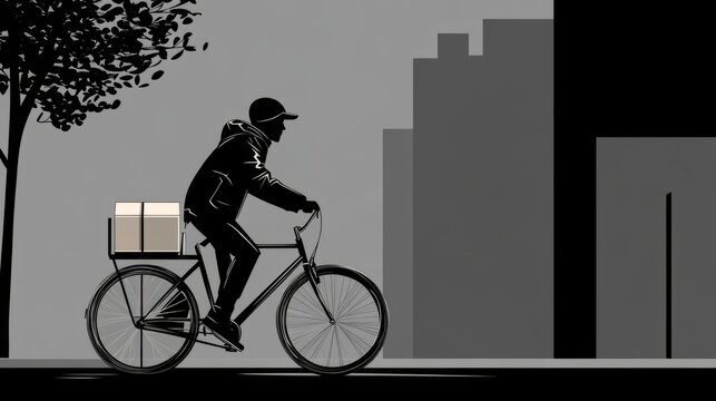 Courier on Bicycle Delivering Package in Urban Cityscape with Trees in Grayscale - Powered by Adobe