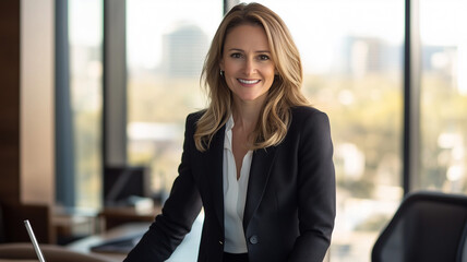 A businesswoman in a smart suit smiling at the camera while standing beside her desk in a sleek office, working on a laptop and looking pleased with her recent achievements (5)