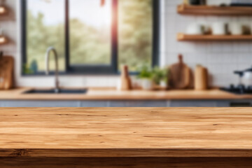 Kitchen wood table top for product display with blurred modern interior. Wooden tabletop over defocused kitchen background. kitchen furniture and desk space. product promotion in the kitchen