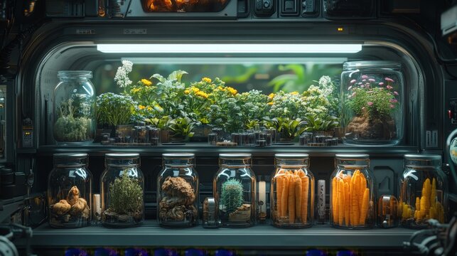 Futuristic botanical laboratory showcasing diverse plants and specimens in glass jars under artificial lighting.