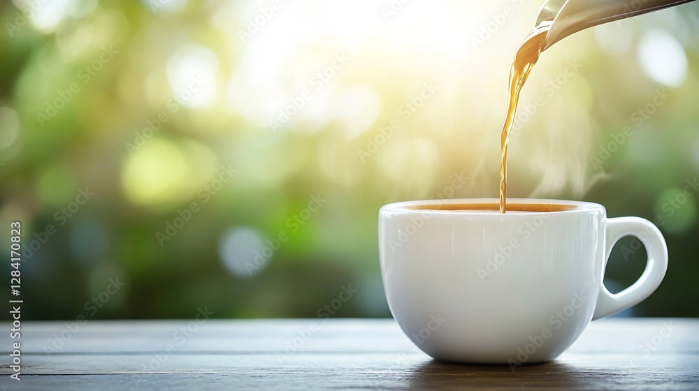Poster freshly brewed tea being poured into a white cup with soft morning light in a cozy setting : generat