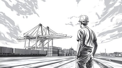 Obraz premium Dock Worker Overseeing Cranes and Cargo Containers in Monochrome Illustration