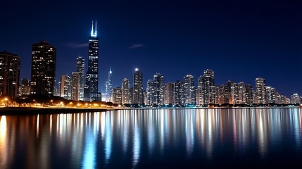 Obraz premium Majestic Cityscape at Night with Towering Buildings and a Reflective Lake : Generative AI