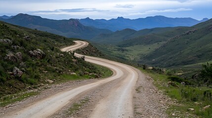 Winding dirt road through serene mountains under cloudy sky offering scenic beauty and adventure : Generative AI