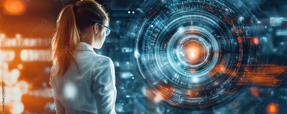 Poster female scientist analyzing futuristic holographic interface in advanced technology lab