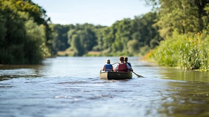 Family enjoying a beautiful day rowing along a calm river surrounded by lush greenery and vibrant nature : Generative AI