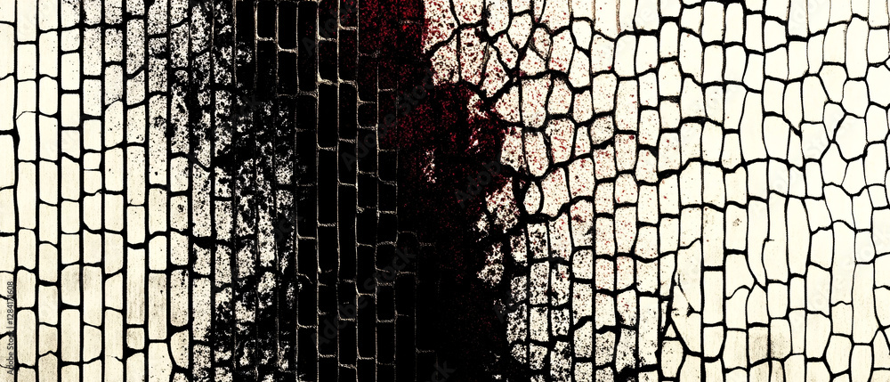 Poster cracked mosaic grid with abstract black ink creating a fragmented and artistic modern digital compos