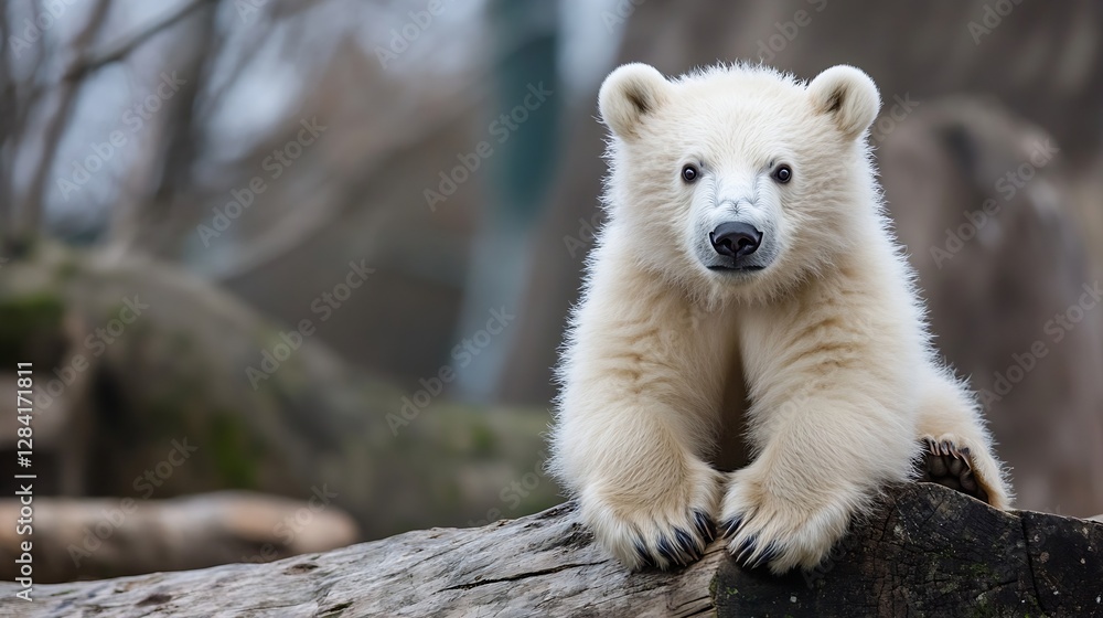 Poster cute baby polar bear sitting on a log looking curiously towards the camera in a natural zoo setting 