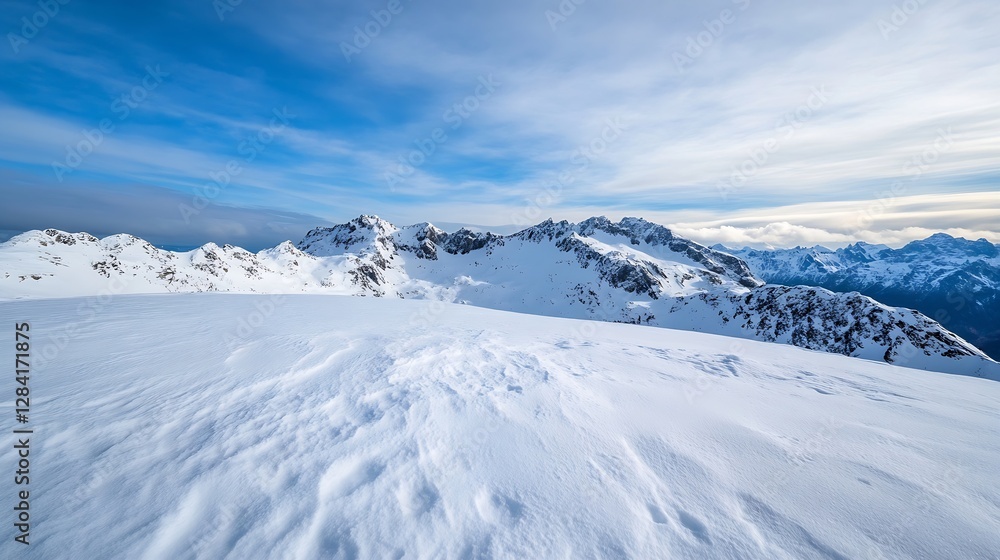 Poster stunning view of snowcovered mountains under a vast blue sky with soft clouds : generative ai