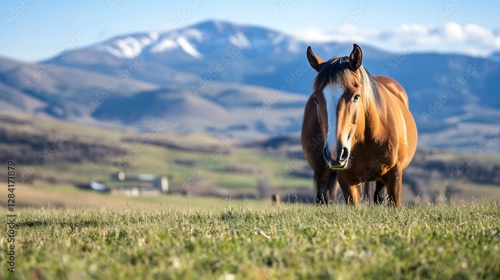 Poster brown horse grazing in a green field with mountains in the backdrop : generative ai