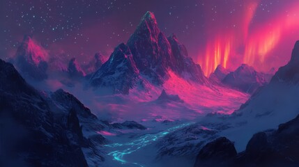 A Surreal Mountain Range Under a Pink Aurora