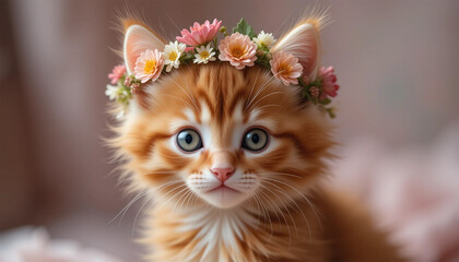 cat with flowers, Adorable Tabby Kitten with Floral Crown on Pink Blanket