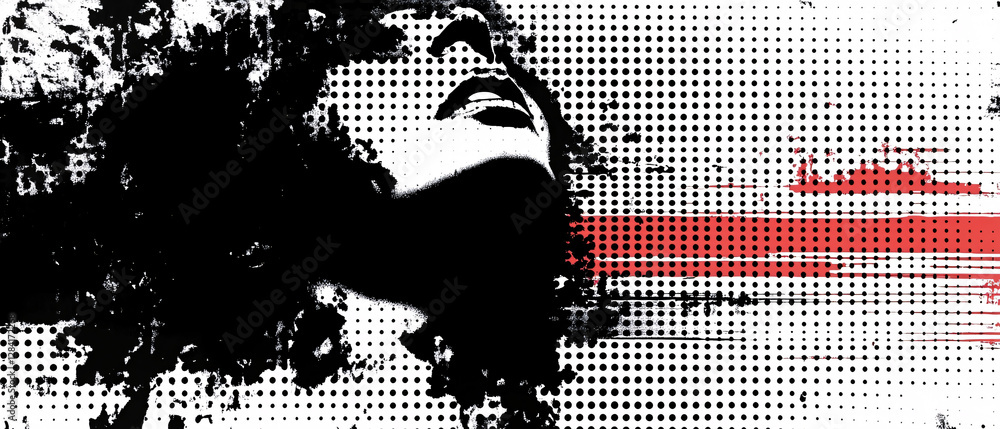 Poster stylized abstract portrait with halftone black and white elements and a striking red digital pattern