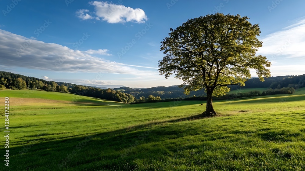 Poster lone tree standing on a lush green field under a beautiful cloudy sky during golden hour : generativ