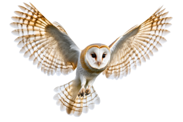 Majestic barn owl in mid flight over farmland