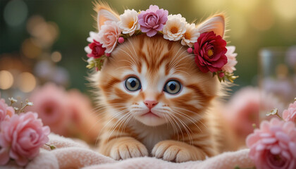 cat with flower, Adorable Tabby Kitten with Floral Crown on Pink Blanket