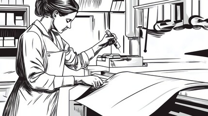 Female Scientist Working in Lab Monochrome Line Art Illustration