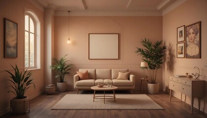 Fototapeta premium Cozy and Modern Living Room with Light Color Palette and Indoor Plants in Contemporary Design