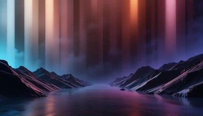 Ethereal Landscape with Mountain Range Reflecting Colorful Light and Calm Water in a Surreal Environment