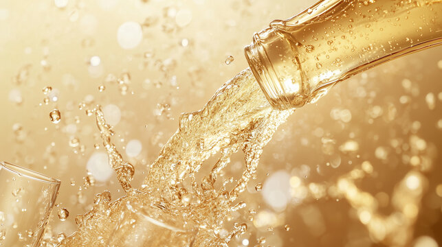 Champagne Pouring Celebration Scene. Closeup of champagne pouring into a glass, ideal for celebration or festive event designs.