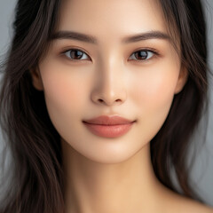 Fototapeta premium Detailed face of a Vietnamese woman. with bright white, flawless skin, used to advertise skin cream