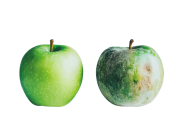 Fresh green apple and rotten apple side by side showcasing the difference in quality and freshness