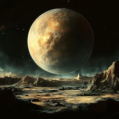 Alien Planet Landscape Under Large Moon