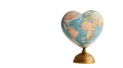 Heart-shaped globe showcasing world geography in a creative manner, emphasizing travel and exploration
