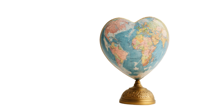 Heart-shaped globe showcasing world geography in a creative manner, emphasizing travel and exploration