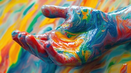Vibrant Hand in Swirling Rainbow Hues: A Colorful Abstract Painting