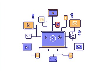 Fototapeta premium Laptop connected to various media and communication icons, visualizing digital content distribution, online networking, and multimedia sharing.