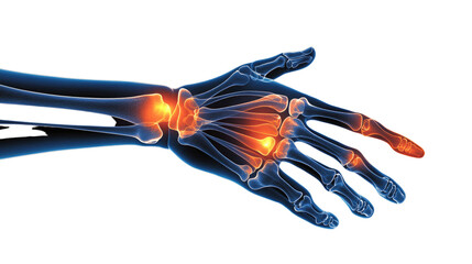 Detailed illustration of a human hand's skeletal structure highlighting joints and bones in a medical context
