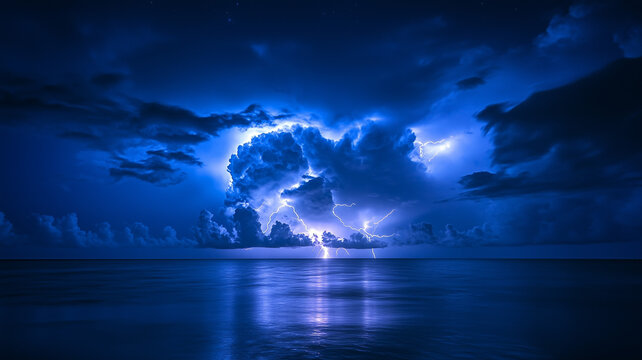 A dramatic night sky over the ocean, dark blue clouds rolling in. Thunder rumbles as streaks of lightning dance across the sky, reflecting on the water below. A sense of intensity and power (1)