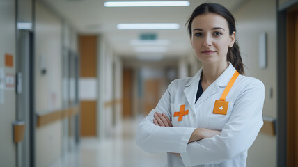 A European female doctor in white coat with orange ribbon for Kidney Cancer Awareness, standing with arms crossed in a modern hospital corridor, offering space for Cancer Awareness message