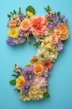 Floral Number Seven Art. Floral number seven on blue background, ideal for birthday or anniversary designs.