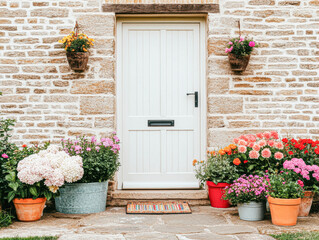 Naklejka premium A charming entrance featuring a white door, surrounded by vibrant flower pots and a textured stone wall, creating a welcoming garden vibe.