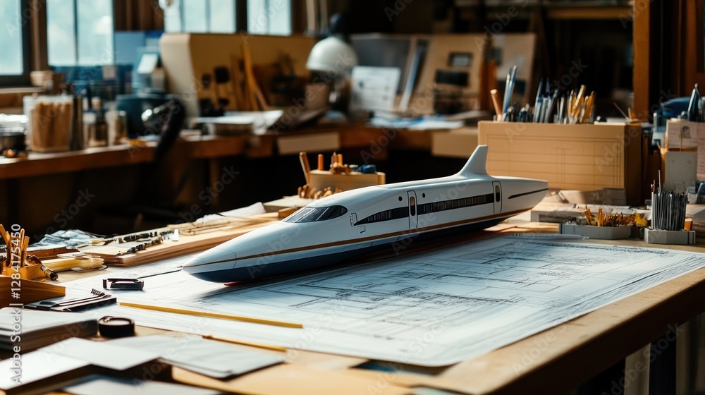Poster high-speed rail model on blueprint in workshop