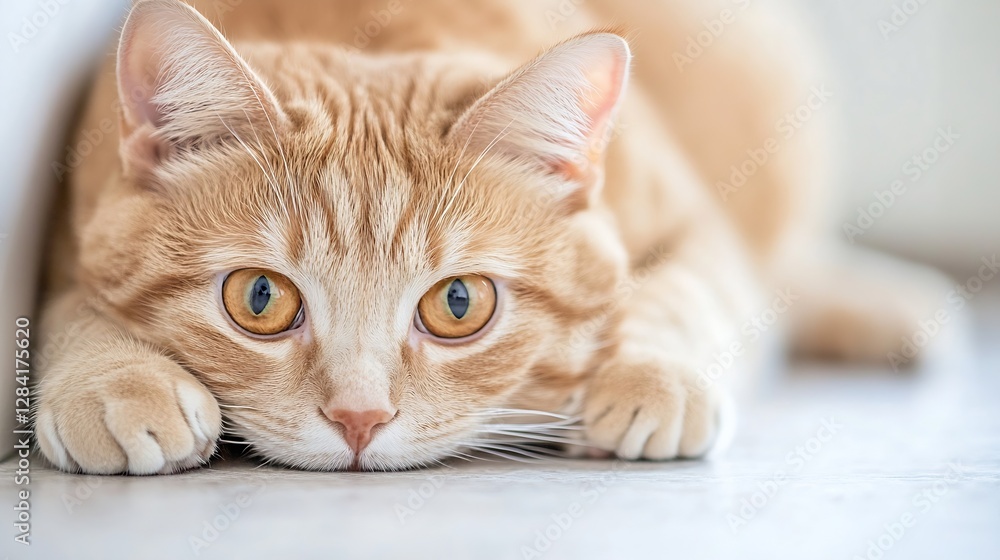 Poster beautiful orange tabby cat lying on the floor with striking eyes in soft natural light : generative 