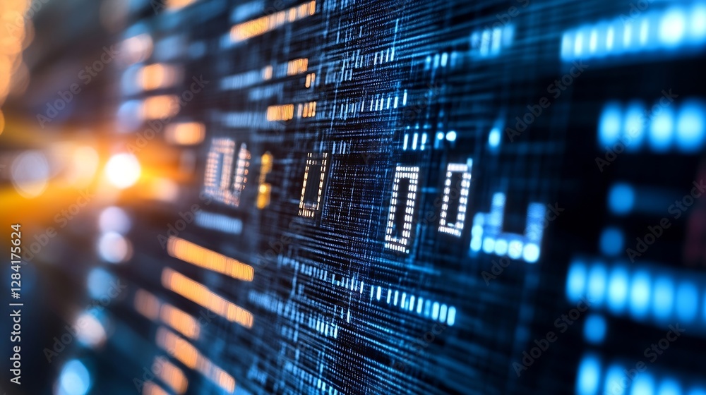 Leinwandbilder closeup of complex digital data on a screen with bright glowing elements and technology theme : gene