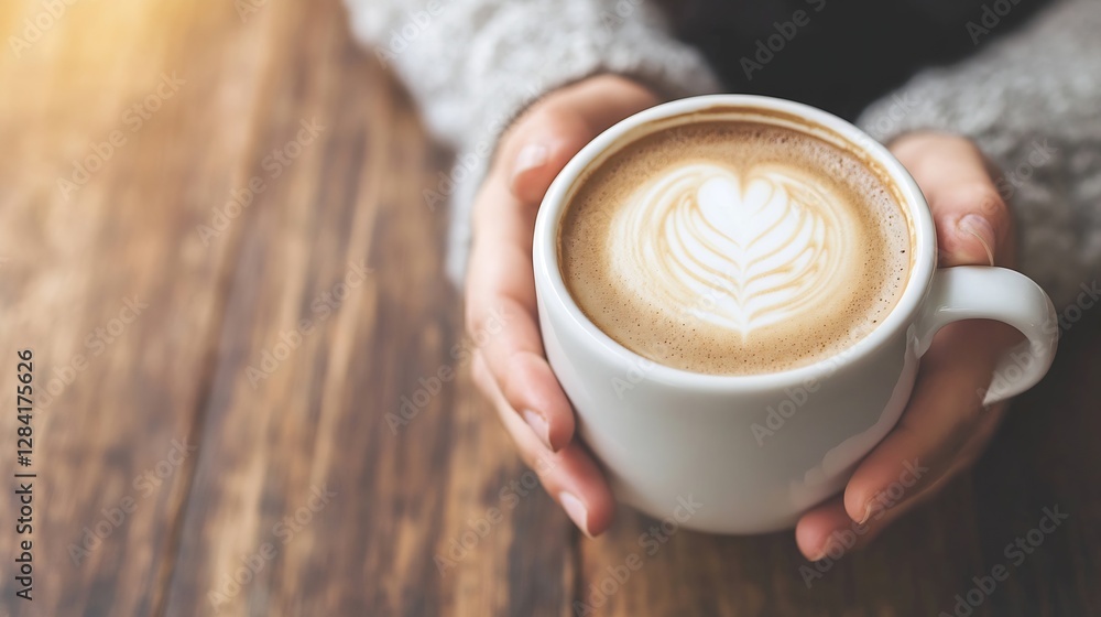 Poster Warm cup of coffee held in hands featuring intricate latte art on a rustic wooden table : Generative AI