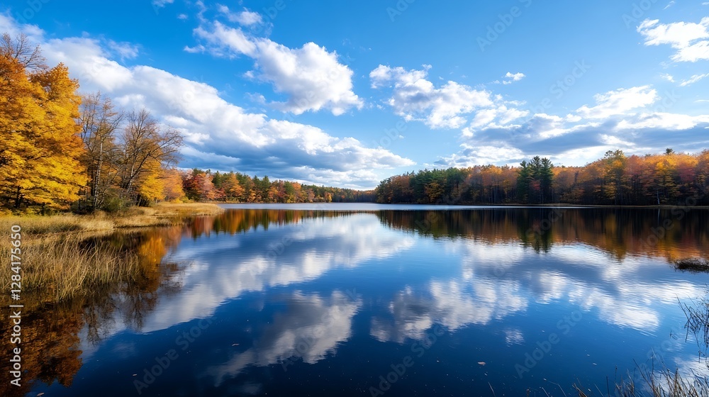 Aufkleber autumn reflections in a serene lake surrounded by vibrant trees and a clear blue sky creating a pict