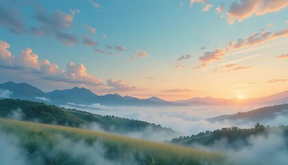Fototapeta premium Majestic Sunrise Over Serene Mountain Landscape with Misty Valleys and Colorful Clouds in the Sky