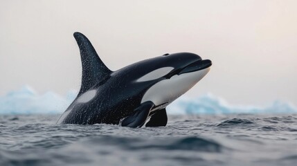 Fototapeta premium Orca surfacing, Arctic ocean, iceberg background, wildlife documentary