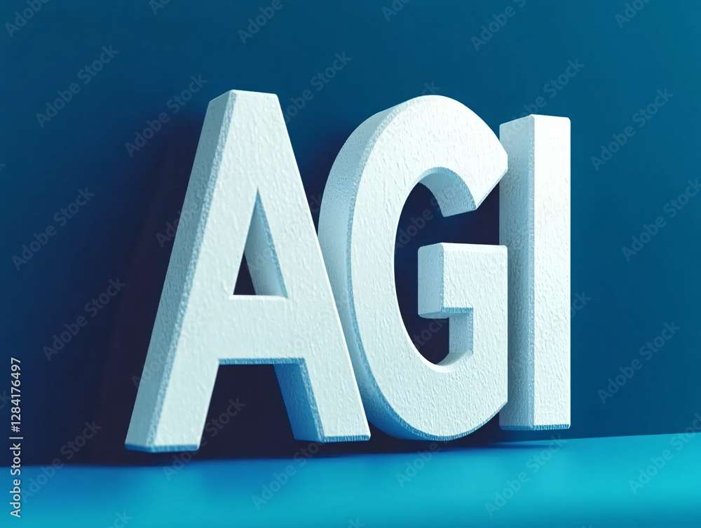 Poster three-dimensional white agi letters standing on a blue background representing artificial general in