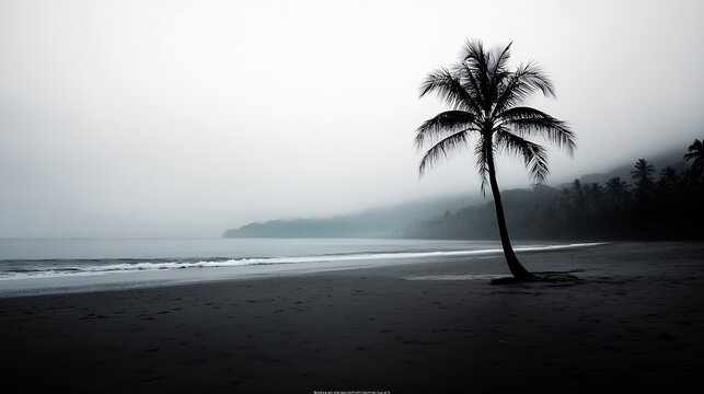 Mysterious minimalist beach with a solitary palm tree and foggy atmosphere creating a serene landscape : Generative AI - Powered by Adobe